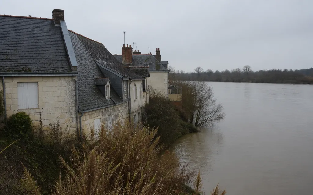 Alignement de toits d’ardoise au-dessus d’un quai de Loire, peupliers nus derrière les cheminées