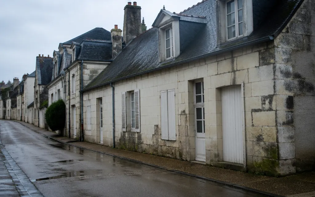 Rue de faubourg en tuffeau clair, ardoises sombres et lucarnes régulières sur toute la longueur