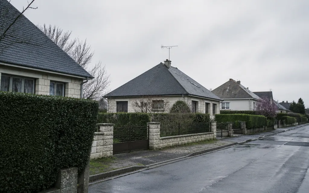 Pavillons de lotissement des années soixante-dix, toitures à deux pans et souches de cheminée en brique