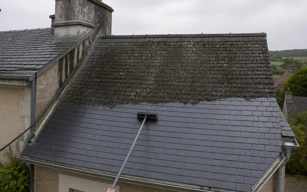 Versant à moitié démoussé, la partie traitée nettement plus claire que la partie encore couverte de mousse