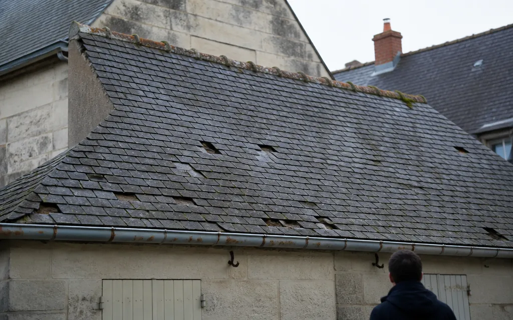 Versant d’ardoise aux rangs déformés et aux crochets rouillés, plusieurs ardoises manquantes en partie basse