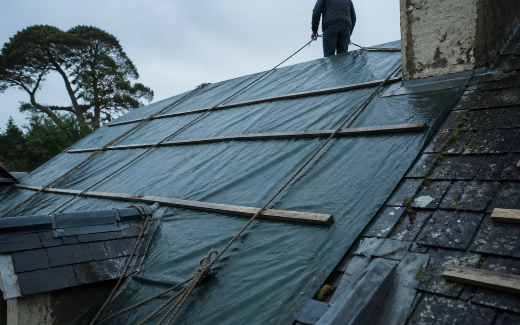 Bâche pliée et lestée sur la partie découverte du toit à la fin de la journée de chantier