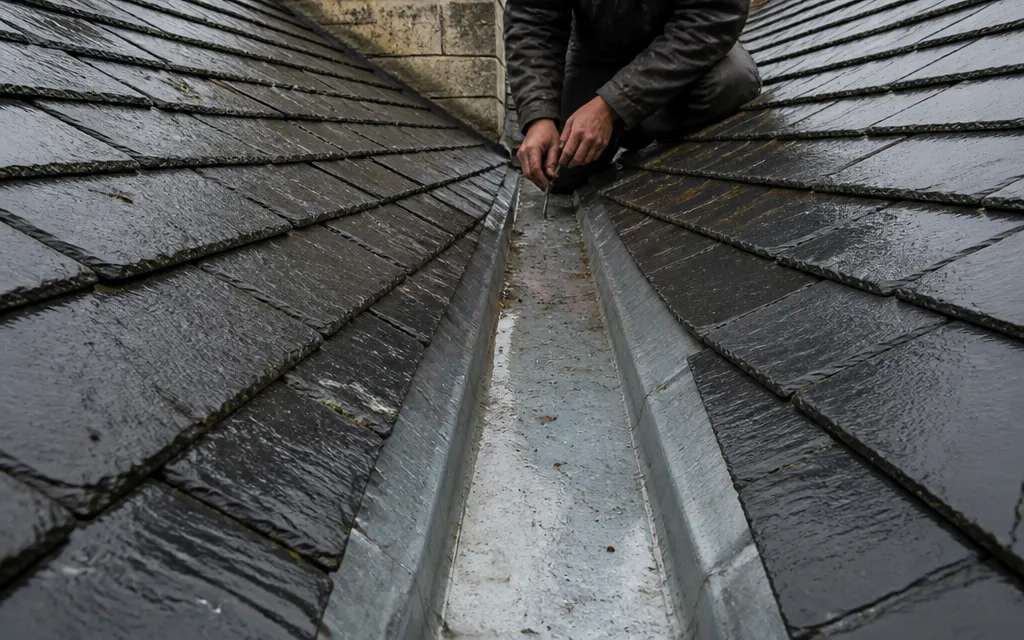 Noue de zinc encaissée entre deux pans d’ardoise, eaux réunies vers le bas du versant